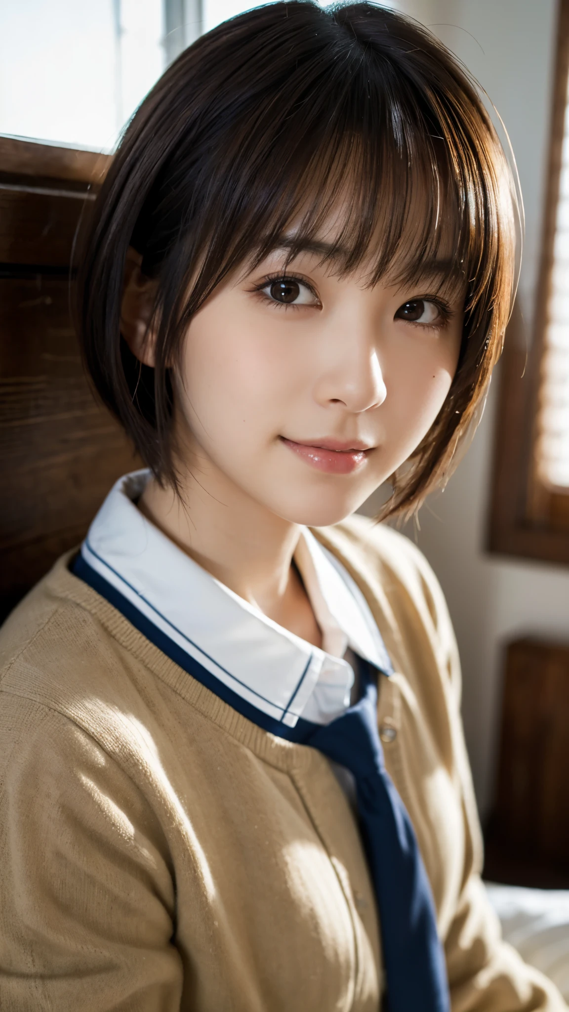 (Highest quality,masterpiece:1.3,Ultra-high resolution),(Super detailed,Caustics,8K), (Photorealistic:1.4, RAW shooting),A high school girl sitting on a bed in a bedroom,Japanese,cute,18-year-old,Natural brown short bob,smile,Looking into the camera,School uniform,High Position,High angle,Face Focus,Face close up,Bust up shot,Natural light