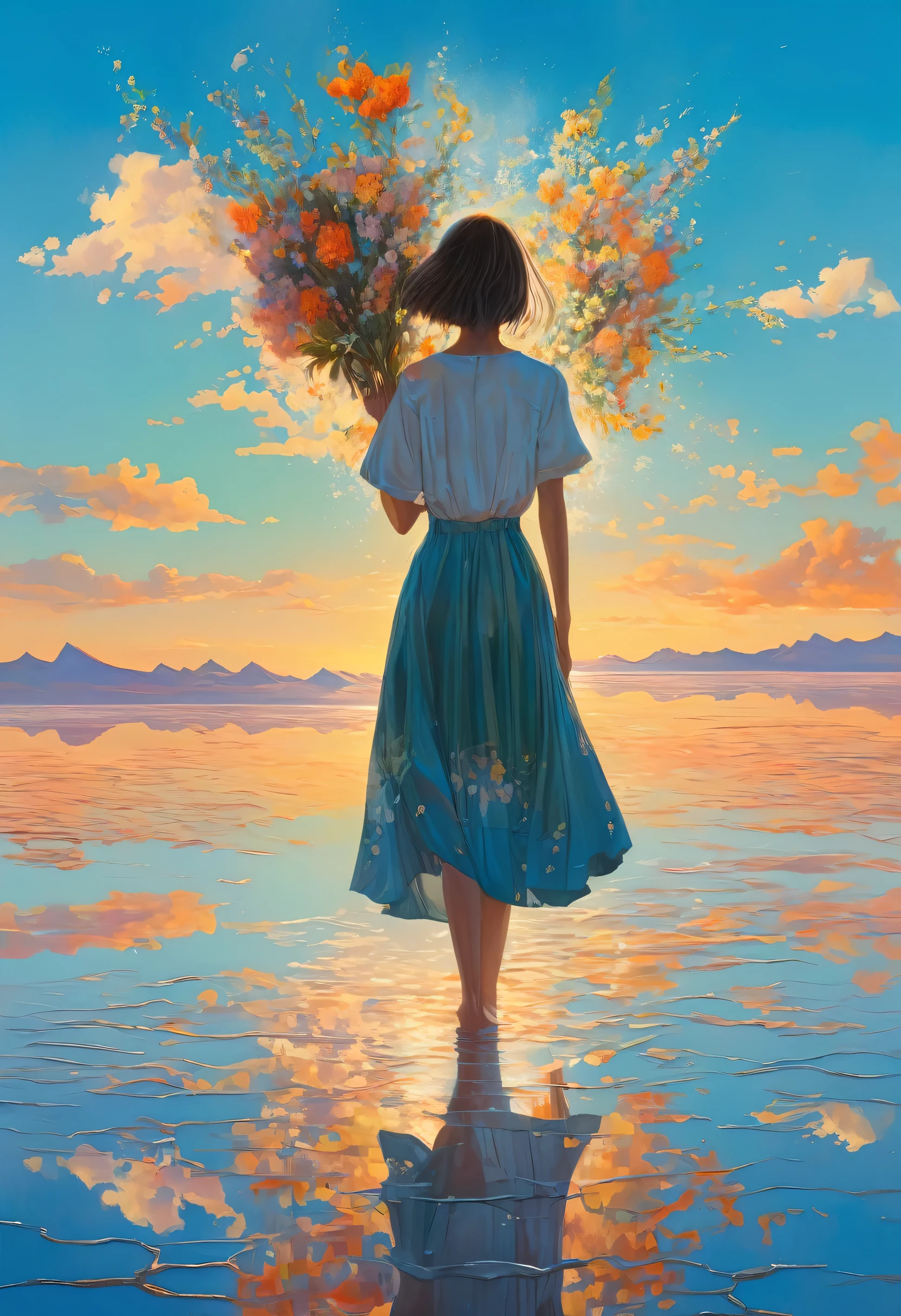 Overall image: Horizon line in the center of the screen. The girl is walking from left to right. Her figure is reflected symmetrically on the water. Oil painting style. The girl is in her early teens. She is wearing a one-piece dress.、Skirt Hair Long、The expression of the flowers fluttering in the wind is calm.、A slightly melancholic atmosphere. A bouquet is being held in the hand. The horizon is a sunrise or sunset sky. The boundary between the sea and the sky is blurred. A few clouds are floating on the water surface. The Uyuni salt flats are calm and quiet. The girl&#39;s figure is reflected like a mirror. Ripples are spreading on the water surface. There are no mountains or forests in the background. The overall color tone is soft.、Use light and shadow effectively to create a gentle atmosphere、Add depth