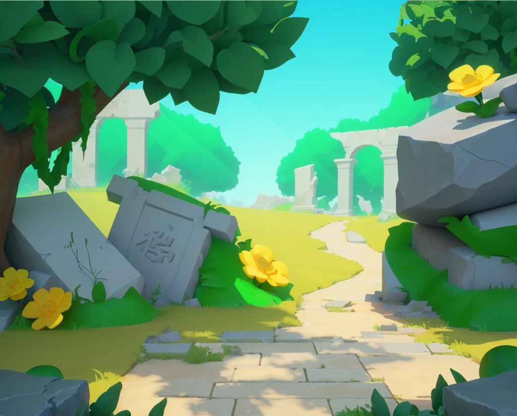 ruins,Stone road,Grass,flower,Vine,European and American cartoon style,Cartoon 3D,梦幻flower园风格,high quality