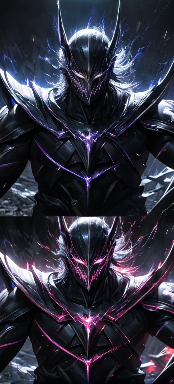 High quality, ultra realistic,absurdres, highres, ultra detailed, HDR, masterpiece, extremely detailed face and eyes, darkbringer , cool mask , Saint Saiya , Dark Armor, solo, ,man, handsome, ,white eyeleshes, black eyes , villain expresion, black effect, dark black lightning effect,glowing glitters , symetrical , black aura