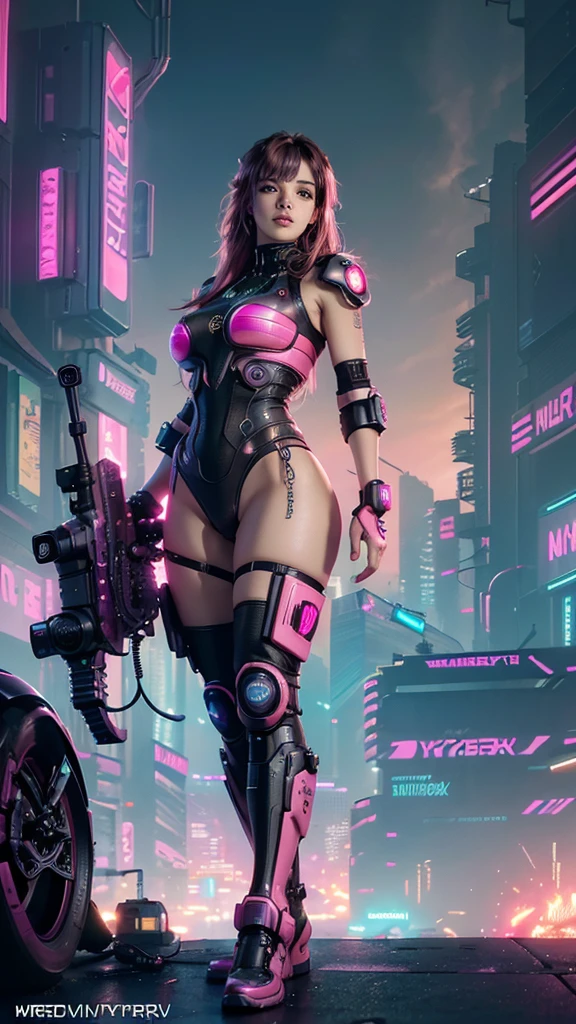 (Top image quality), (8K picture quality),(master piece), (very detailed image textures), (cyber punk perssonage),(beautiful effects), (vibrant colors), (detailed face),(detailed hair), (detailed eyes), (cyberpunk cityscape:1.4), (cyberpunk city landscape:1.5),vivid colors, cinematic lights, cinema shadows, sharp image, bright sprites, (pink neon lights:1.5),flashing red, lightparticle effects, 1 female, 28 years old, ( curvy body 1.3))), (beautiful:1.4), brunette hair,(dark hair:1.3+pink hair:1.2), (confident smile:1.2),(cyberpunk outfit),(Gatling gun:1.2) (photo from bottom up),