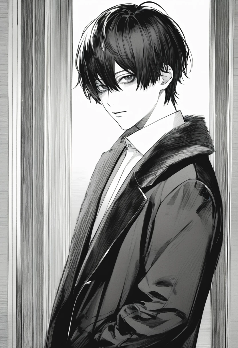 yuto-sano, 1boy, Kaneki, black hair, black suit, black long sleeves, fur coat, elegant, monochrome, solo, greyscale, male focus, looking at viewer