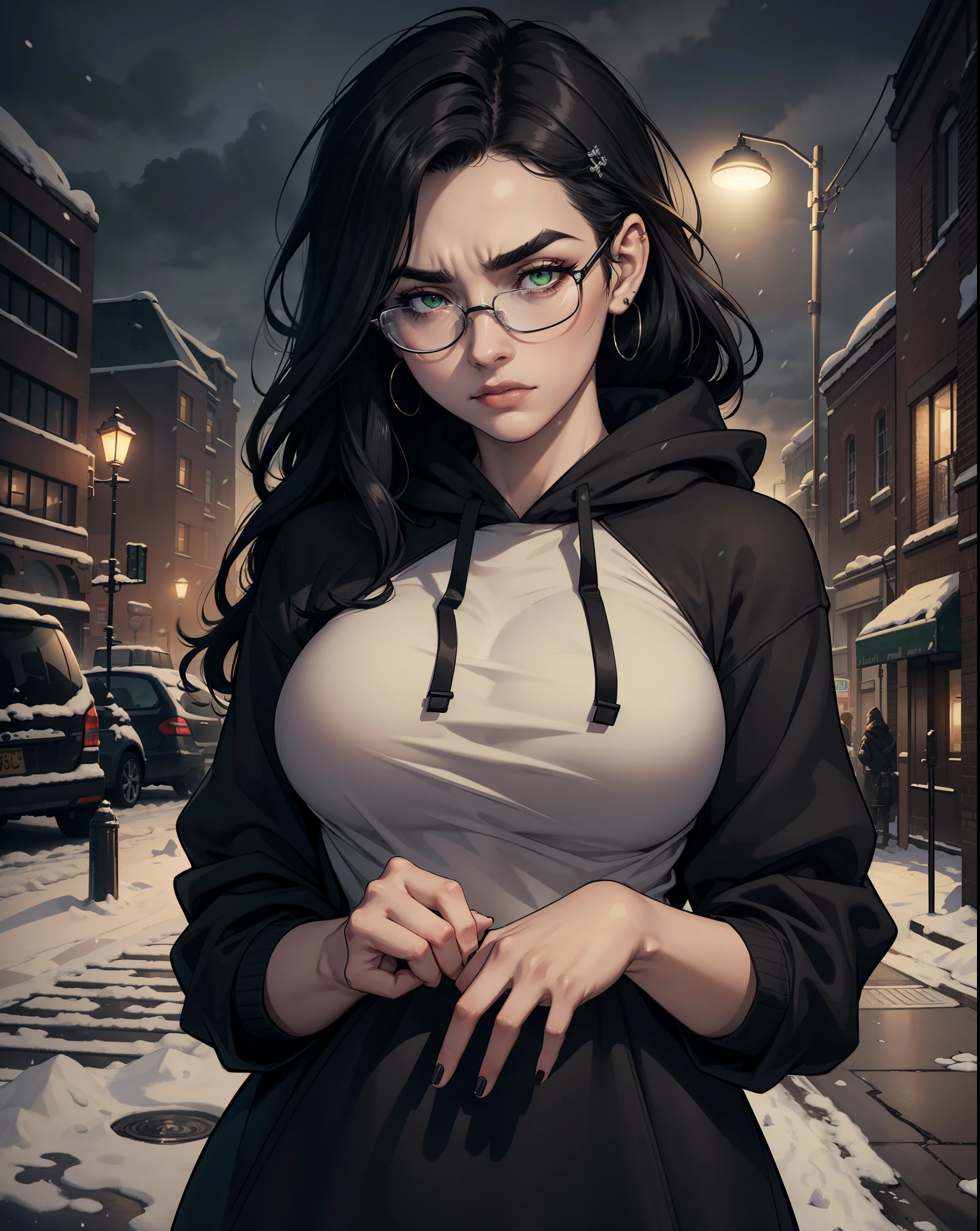 Best quality, volumetric lighting, cinematic lighting, masterpiece, ultra high res, 4k, (soft round detailed face), (sad expression), (detailed green eyes), bags under eyes, thick eyebrows, depressed, melancholy, (wearing rounded glasses), (very pale light skin), detailed black hair, ((long messy greasy hair)), (plain black hoodie), black stud earrings, black nail varnish, unwashed, unkempt, disheveled, sodium streetlamps, midnight, dark clouds, London, snow