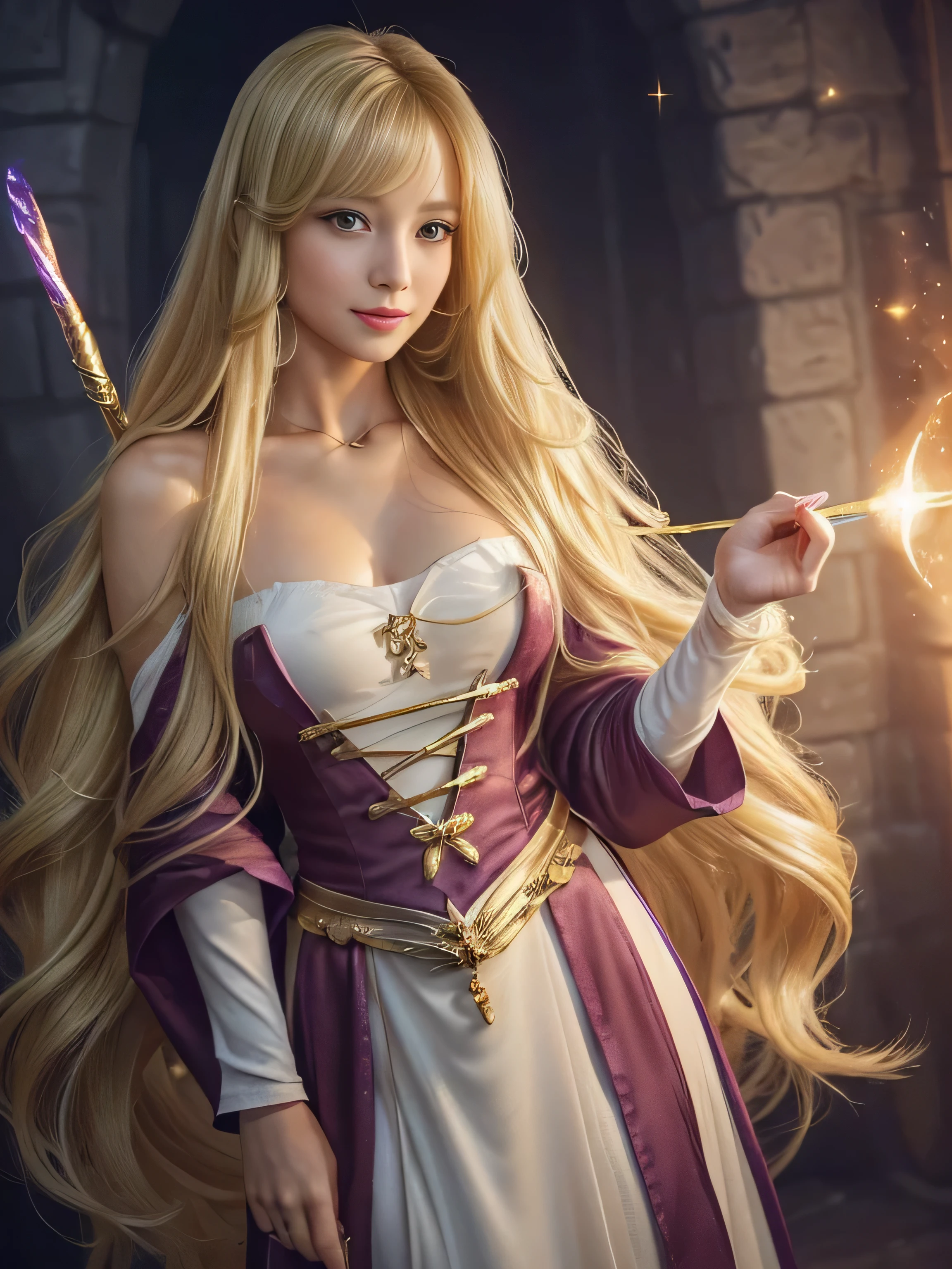 a woman in a purple dress holding a star and a wand, elf queen, dark elf princess, divine render, full body xianxia, sorceress, diablo 4 queen, octante render, render of mirabel madrigal, an elf queen, dark elf maiden, cyarine, evil sorceress, alluring mesmer woman, freya, blonde hair, exposed cleavage and midriff, gold jewelry