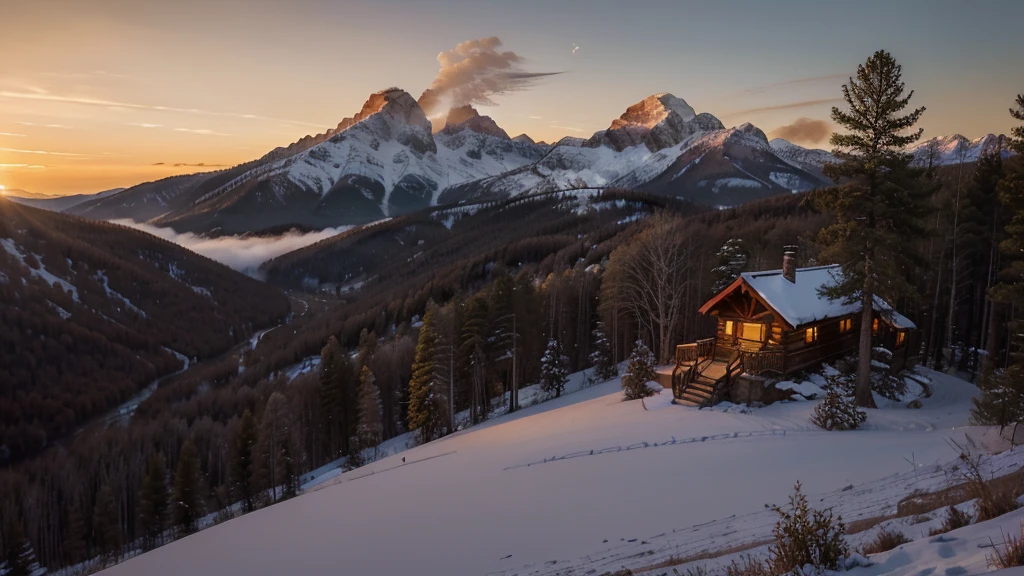 A stunning sunrise at a mountain cabin with a cup of coffee. The warm hues of the sun kiss the sky, painting it in shades of orange, pink, and gold as the light spills over the surrounding peaks. The image, most likely a photograph, captures the tranquility and beauty of the moment perfectly. The cozy cabin exudes a welcoming glow, with wisps of smoke rising from its chimney adding a touch of charm. This high-quality image transports viewers to a serene and peaceful getaway in nature, where every detail is bathed in the soft, ethereal light of dawn.