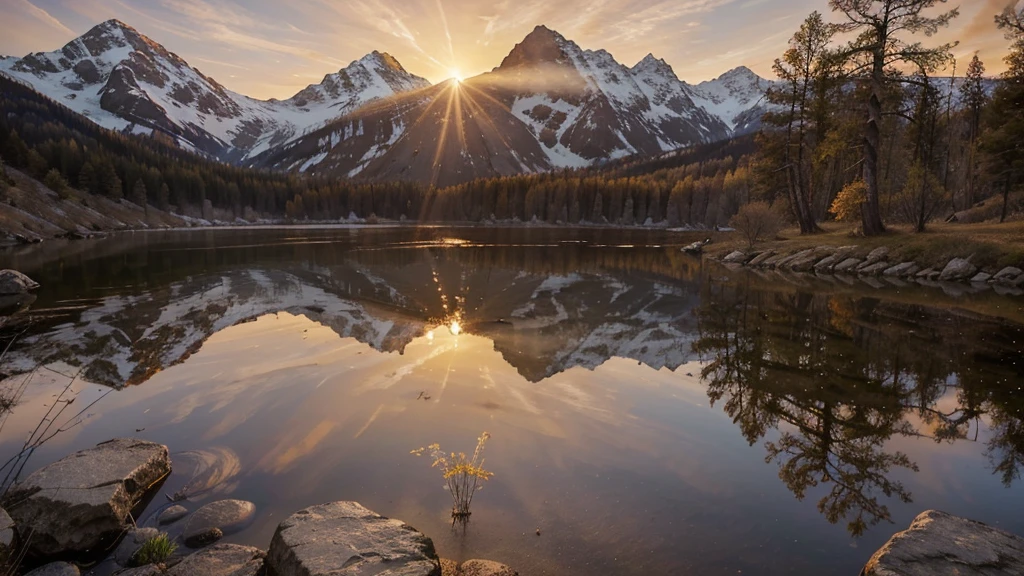 A stunning sunrise at a mountain cabin with a cup of coffee. The warm hues of the sun kiss the sky, painting it in shades of orange, pink, and gold as the light spills over the surrounding peaks. The image, most likely a photograph, captures the tranquility and beauty of the moment perfectly. The cozy cabin exudes a welcoming glow, with wisps of smoke rising from its chimney adding a touch of charm. This high-quality image transports viewers to a serene and peaceful getaway in nature, where every detail is bathed in the soft, ethereal light of dawn.
