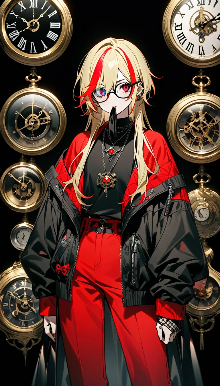 (((masterpiece,Highest quality))),(((スチームパンク風でVisual Keiの黒を基調とした衣装の短い髪のアニメの中性的な男性))),((Androgynous but male)),(((Visual Kei))),(((red and blonde streaked hair))),highlights hair,((Wears stylish, thick-framed glasses)),((Blue and red heterochromia)),((Clock and gear motif necklace,A brooch with a clock and gear motif)),((Karambit knife held to mouth)),Cruel Laughter,(((Black Background))),Focus on the whole body,(high quality),アニメ