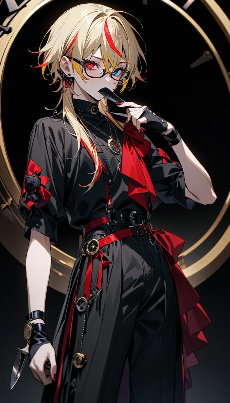 (((masterpiece,Highest quality))),(((スチームパンク風でVisual Keiの黒を基調とした衣装の短い髪のアニメの中性的な男性))),((Androgynous but male)),(((Visual Kei))),(((red and blonde streaked hair))),highlights hair,((Wears stylish, thick-framed glasses)),((Blue and red heterochromia)),((Clock and gear motif necklace,A brooch with a clock and gear motif)),((Karambit knife held to mouth)),Cruel Laughter,(((Black Background))),Focus on the whole body,(high quality),アニメ