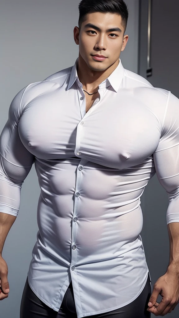 Male, handsome, young, Chinese, (((gigantic pecs:1.3))), (tight clothing:1.2), white buttoned up shirt