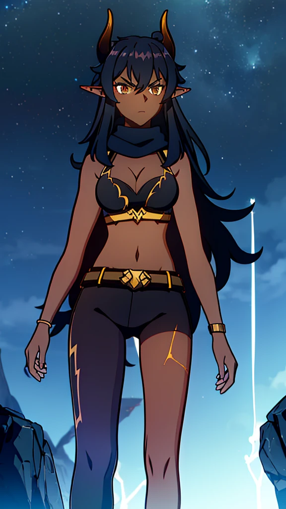 ((1girl,solo,mature female,tall)),big breasts,long hair, black hair,angry expression,horns,elf ears,black scarf,cleavage,(((dark skin))),((black sports bra, midriff)),(((black pantyhoses))),(walking,night sky,night,thunder,lightnings,thunder clouds,montain),from below,