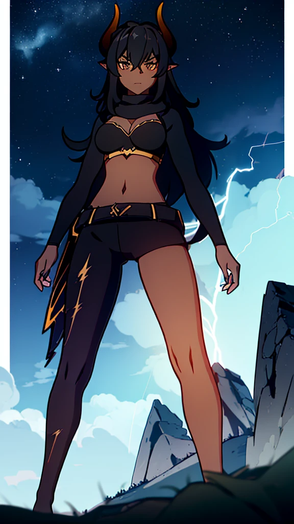 ((1girl,solo,mature female,tall)),big breasts,long hair, black hair,angry expression,horns,elf ears,black scarf,cleavage,(((dark skin))),((black sports bra, midriff)),(((black pantyhoses))),(walking,night sky,night,thunder,lightnings,thunder clouds,montain),from below,