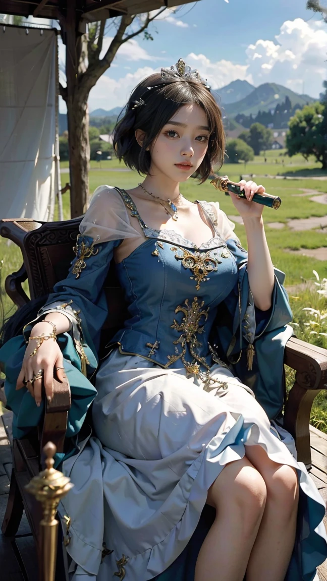 ((best quality)),白人女孩坐在carriage上,carriage,From below,Open your mouth,Hand holding a scepter,have,Large Breasts,The background is grassland,Fat Girl,Fat Face,White,White的,White厚底鞋,Cross your legs,short hair,((masterpiece)),((1 girl)), Lots of details,((Jewelry)),Medieval noble summer dress, (Nikolai Fehin),(Fechinbu, They are like this, )