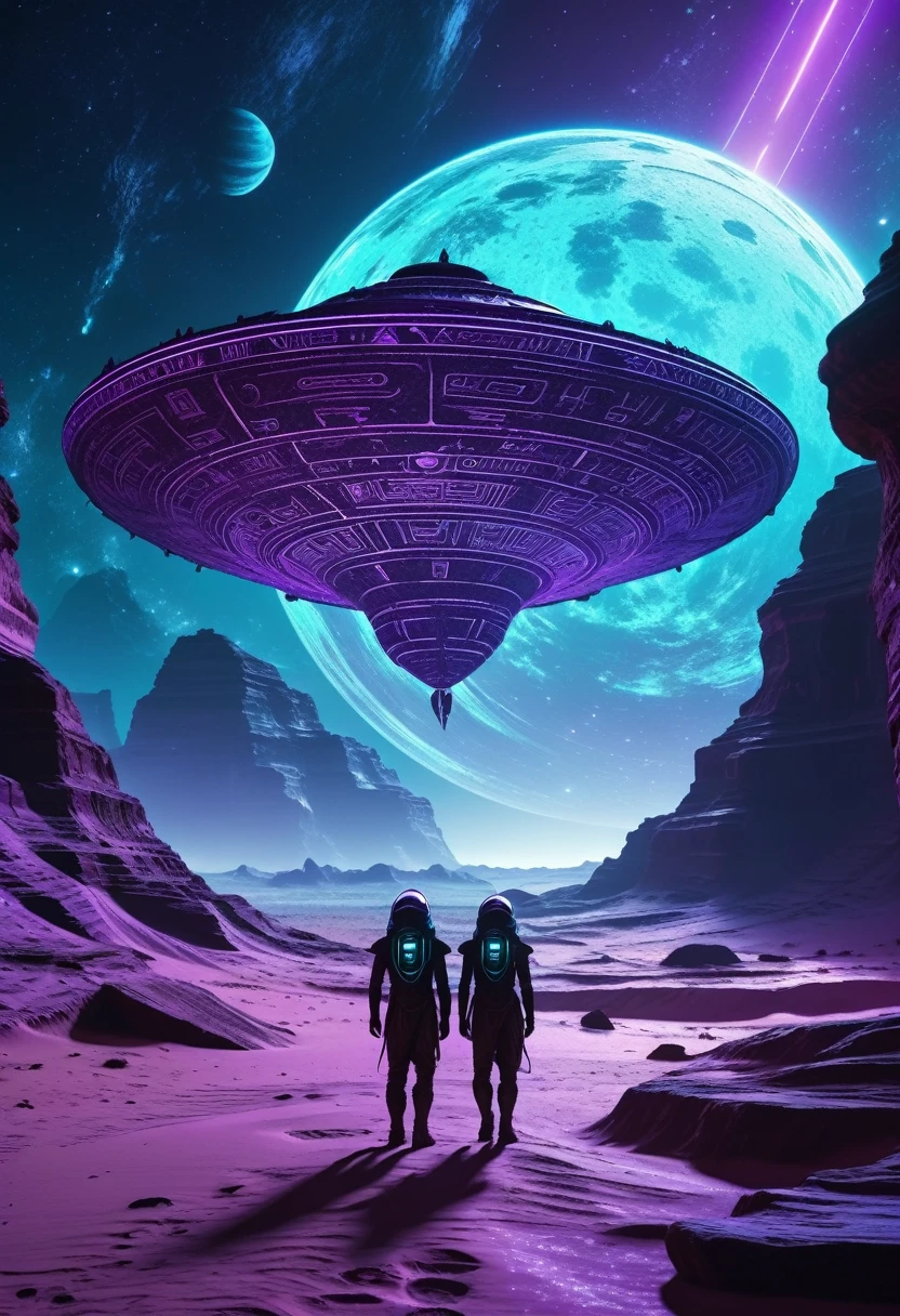 Astronauts exploring an ancient alien ship on an unknown planet with alien hieroglyphs of an ancient alien civilization on an unknown planet, cyan and purple lights, 8k