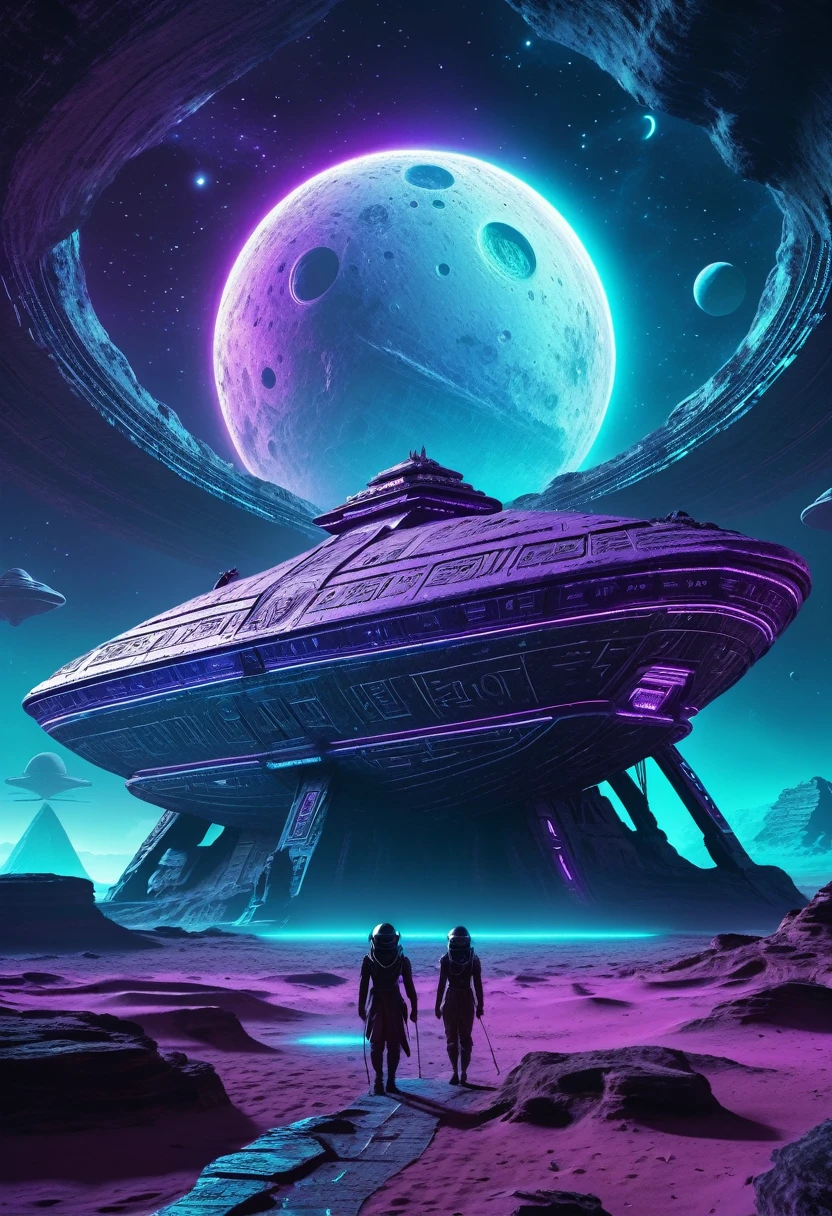 Astronauts exploring an ancient alien ship on an unknown planet with alien hieroglyphs of an ancient alien civilization on an unknown planet, cyan and purple lights, 8k