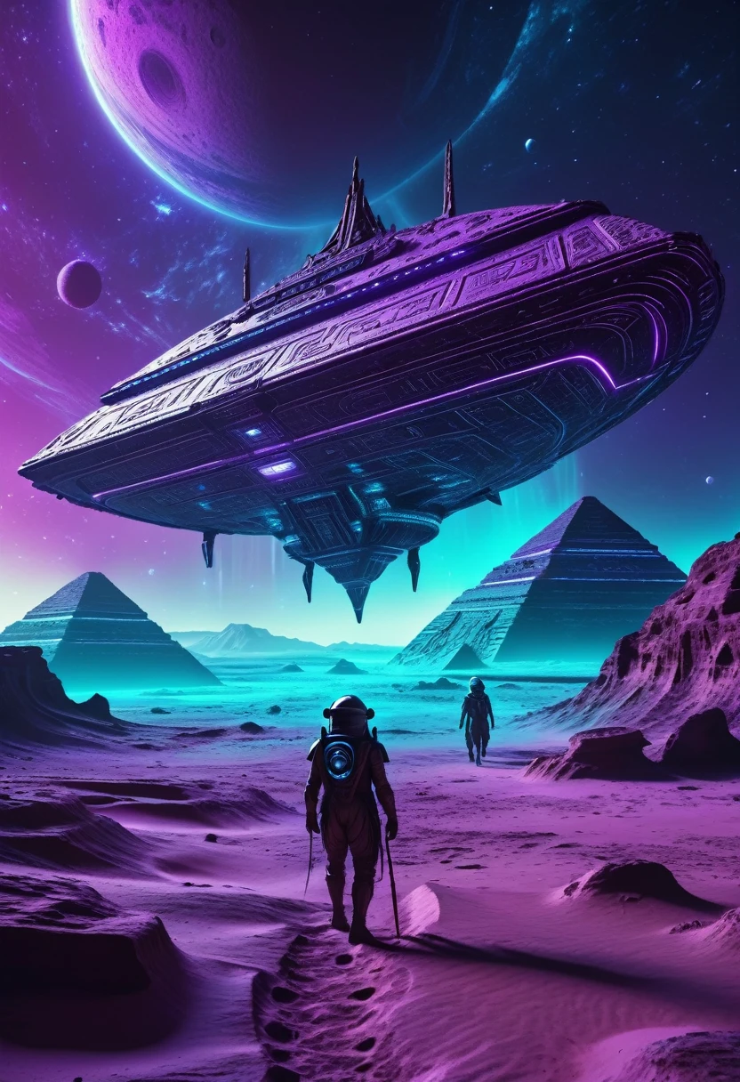 Astronauts exploring an ancient alien ship on an unknown planet with alien hieroglyphs of an ancient alien civilization on an unknown planet, cyan and purple lights, 8k