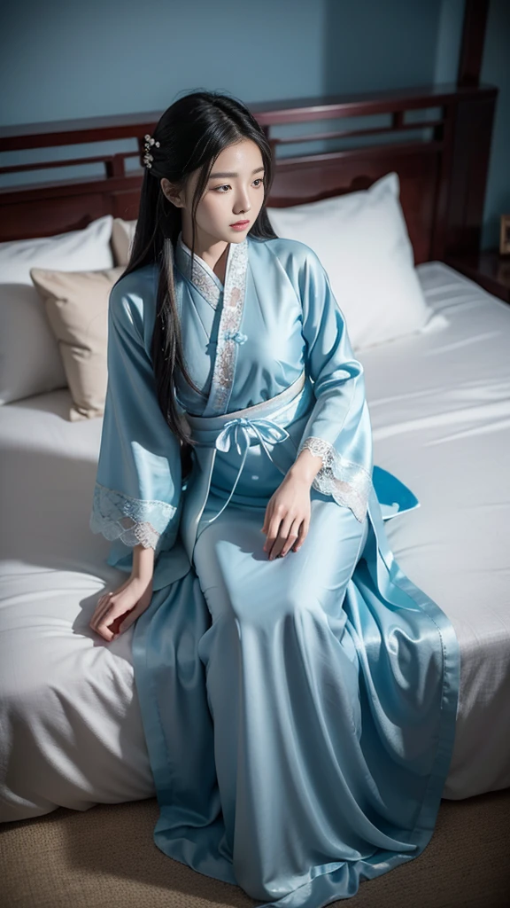 Chinese ancient style,18-year-old beauty,Quiet,Lying on the bed,blushing,Expression,Long legs,White lace hanfu,Blue ancient style long skirt,Dark background,Ancient style house,Large bust,胸部Meticulous depiction,enchanting。Masterpiece,8K,Very close observation,Meticulous depiction