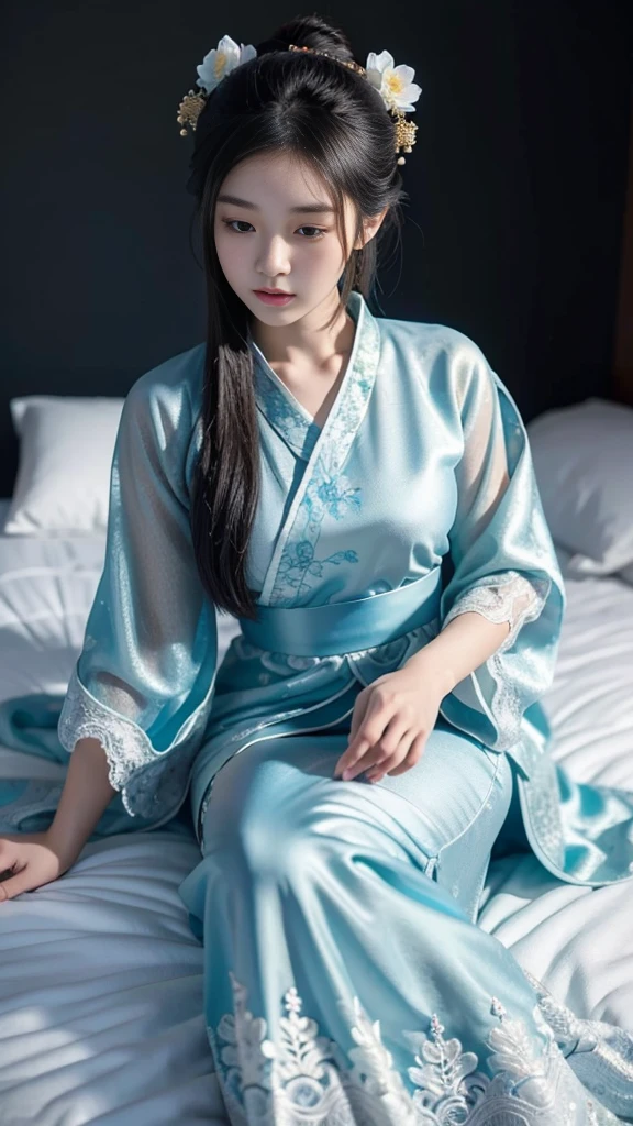Chinese ancient style,18-year-old beauty,Quiet,Lying on the bed,blushing,Expression,Long legs,White lace hanfu,Blue ancient style long skirt,Dark background,Ancient style house,Large bust,胸部Meticulous depiction,enchanting。Masterpiece,8K,Very close observation,Meticulous depiction