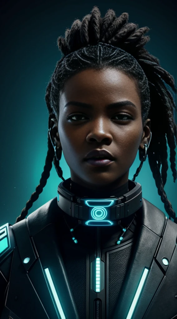 Cyberpunk style, ebony avatar, cyberspace, wireframe, matrix, tron, minimal, abstract, virtual reality, black background, neon lights, virtual interface, looking at camera, (ebony), dreads, sexy, thic, vr headset