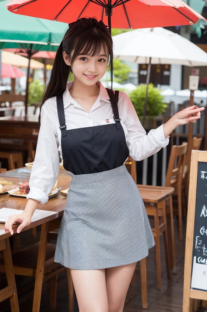 21 years old girl (Japanese cute face) wearing mini skirt and apron and working at umbrella shop