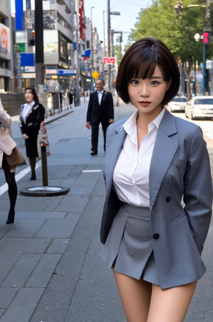 a 19 year old face of the most beautiful actress in the world, the short hair cut of a female is just like male one, the perfect body proportions of a female, formal shirt under blazer is covering large breasts, panties between bare legs are almost seen thanks to skirt is too short, standing, at city street, nsfw, best quality, highly detailed, masterpiece, ultra high res, photo realistic, 8k