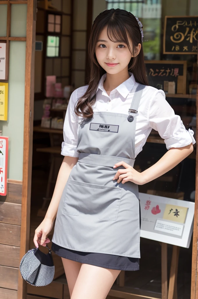 21 years old girl (Japanese cute face) wearing mini skirt and apron and working at umbrella shop