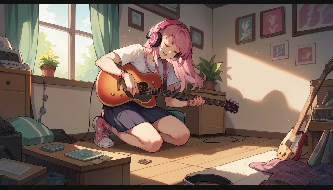 Beautiful girl listening to music with headphones、Pink Hair、Eyes are open、Inside the room、Holding a guitar　