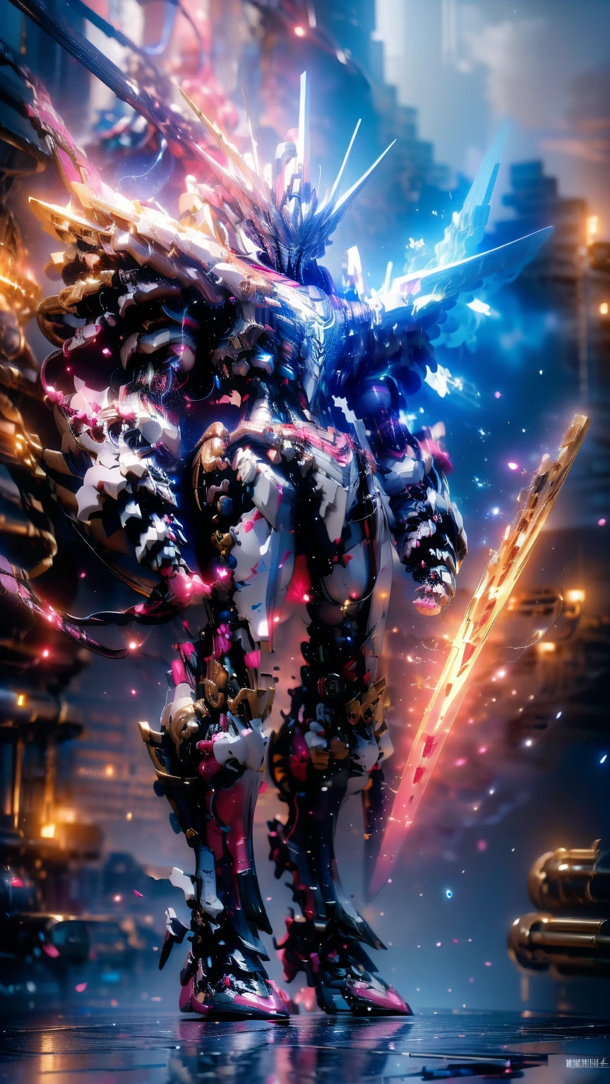 Real、high resolution、8K、The Strike Freedom Gundam stands in space emitting pink light particles.、Particles of light surround the aircraft、Facing the camera、Giant humanoid robot、