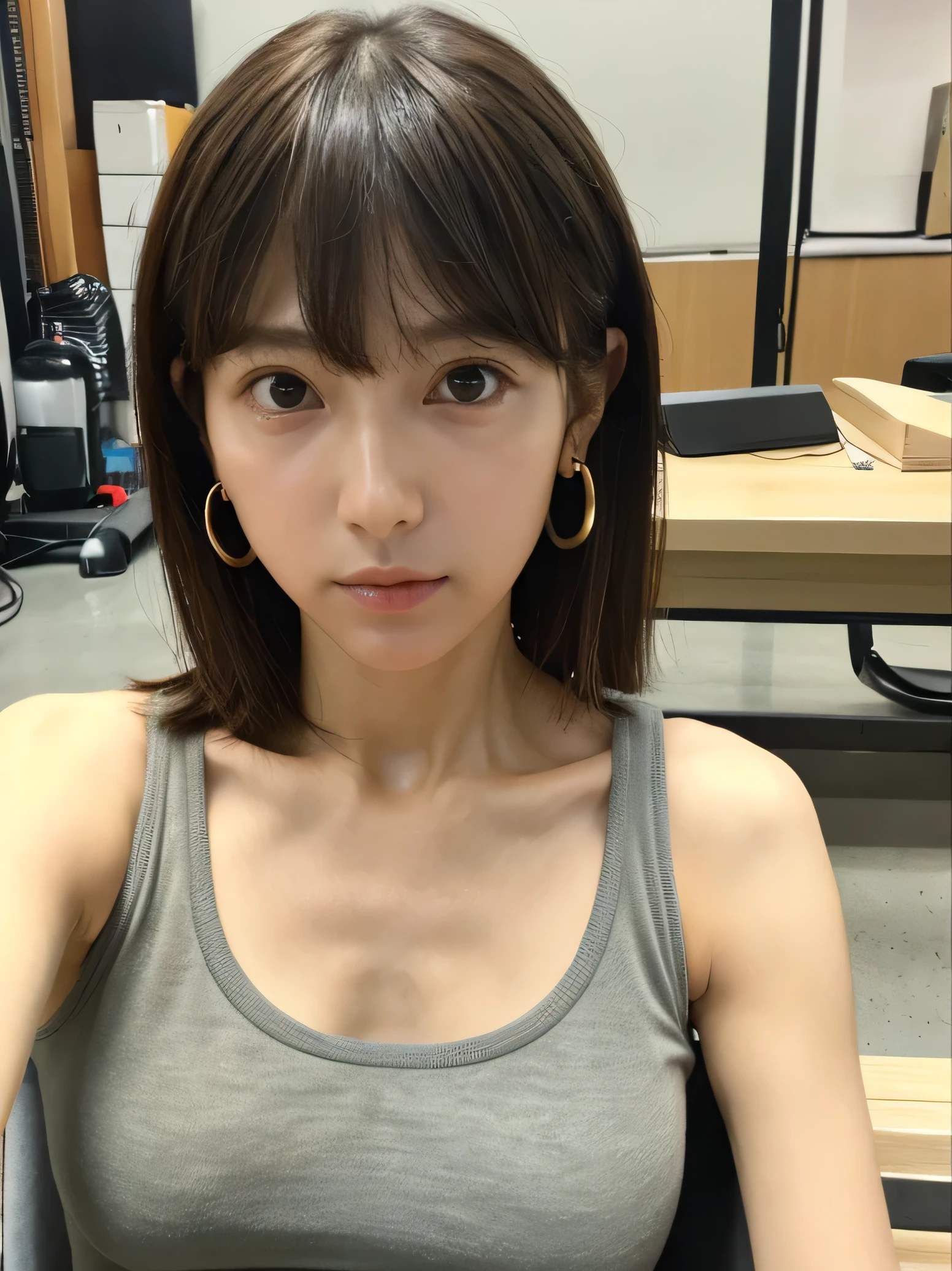 Look into the eyes,　Eye contact,　Front of face,　face,　Cross-legged,　indoor,　Brown Hair,　bangs,　Tank top,　Sweat,　clavicle,　shoulder,　Cross-legged,　chest,　Earrings,　Skin Moisture,　The gaze looking down on me,　Look at me,　Point the bottle,　baby bottle