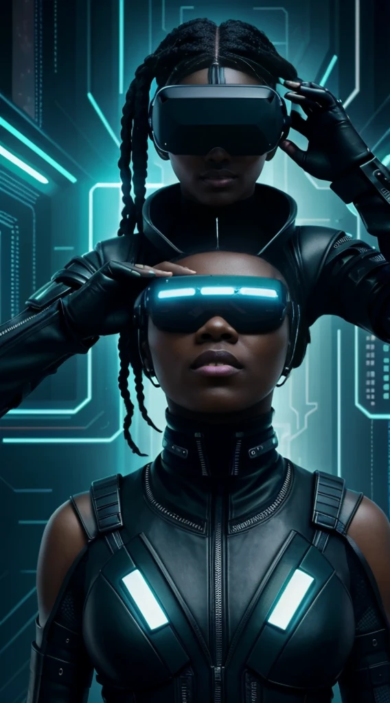 Cyberpunk style, ebony avatar, cyberspace, wireframe, matrix, tron, minimal, abstract, virtual reality, black background, neon lights, virtual interface, looking at camera, (ebony), dreads, sexy, thic, vr headset 