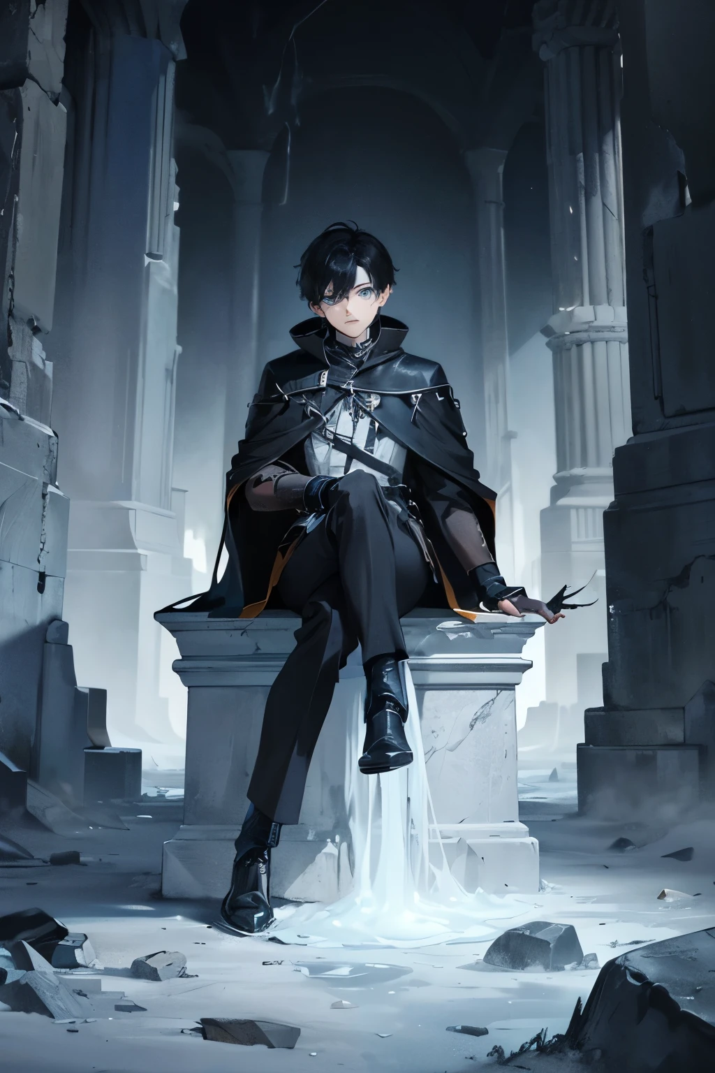 Boy with black hair sitting on a thorn of ice, looking down, a massive pillar of stone protruding upwards in the background.
His blue eyes glowed slightly making eerie atmosphere.