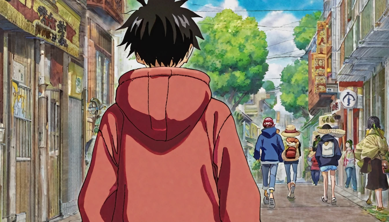 Luffy in a sweatshirt walking down the street