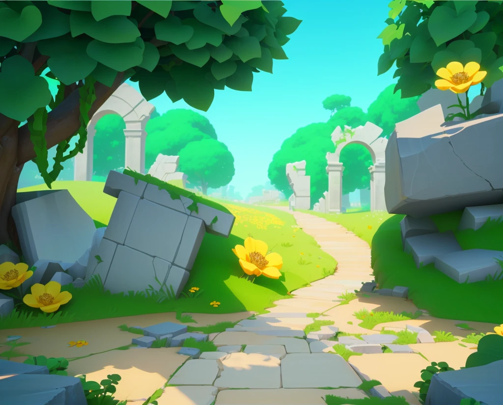 ruins，Stone road，Grass，flower，Vine，European and American cartoon style，Cartoon 3D,梦幻flower园风格，high quality