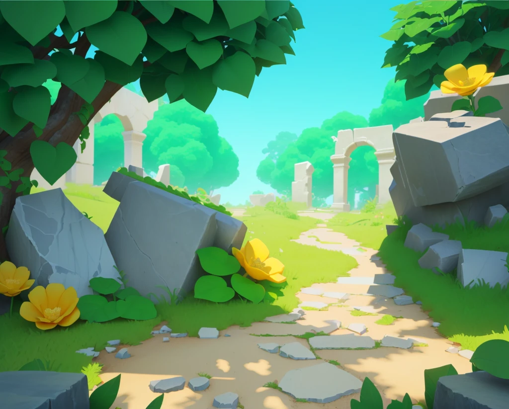 ruins，Stone road，Grass，flower，Vine，European and American cartoon style，Cartoon 3D,梦幻flower园风格，high quality