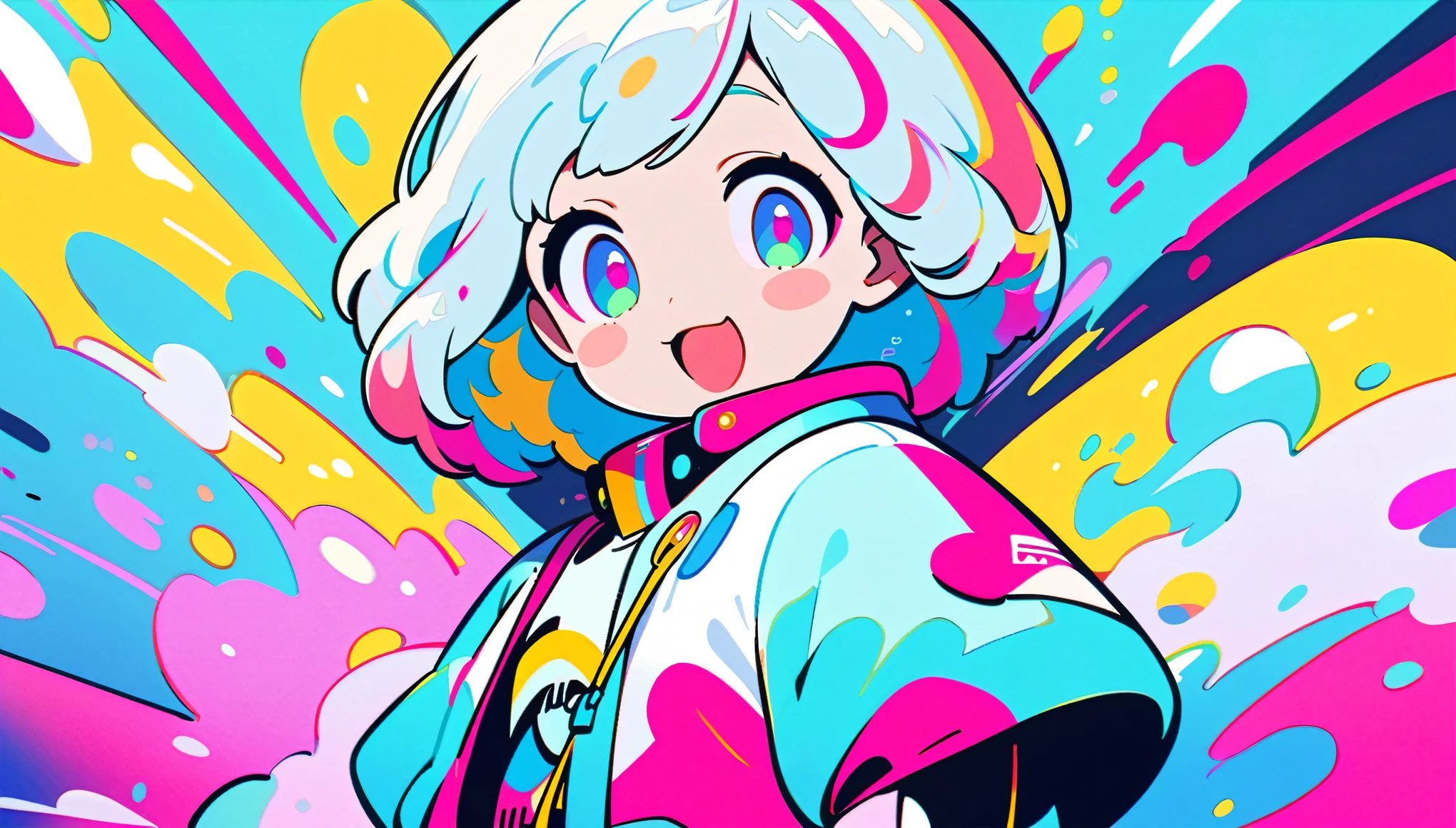 Vibrant art,pop、bright、colorful, 1 male, Light blue hair, short hair、Happy,cute, animation style, kawaii, clearly, colorful cyberpunk, bubblegum pop, cute、Pink and light blue as main colors、I'm cheering loudly、 Headphonesをしている、Headphones、music、