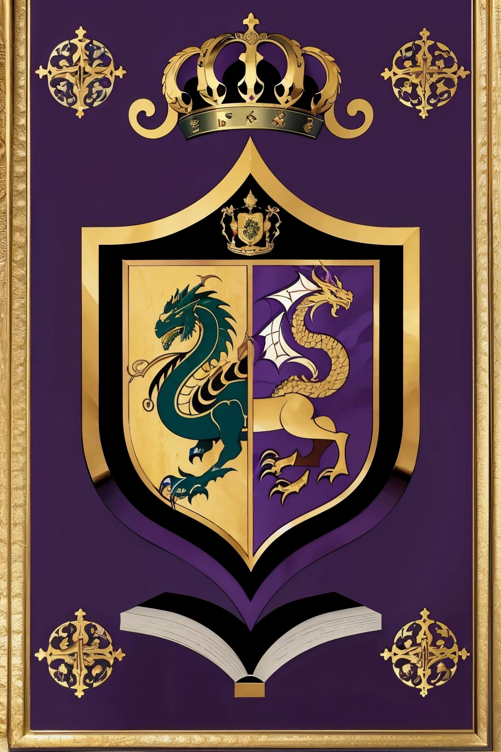1 medieval coat of arms with 1 dragon, a broom, herbs and a book, Inside the coat of arms,in purple colors, black and gold.