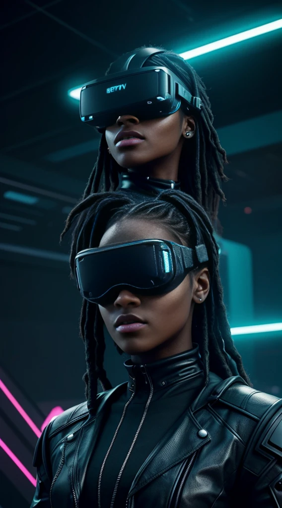 Cyberpunk style, ebony avatar, cyberspace, wireframe, matrix, tron, minimal, abstract, virtual reality, black background, neon lights, virtual interface, looking at camera, (ebony), dreads, sexy, thick, vr headset