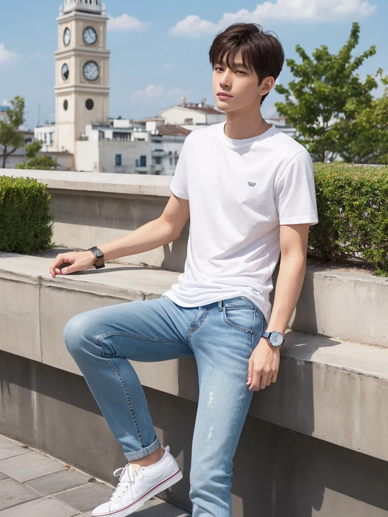 A simple, casual style handsome man。White t-shirt and slim fit jeans、Wearing white sneakers。A simple watch on your wrist、Striking a relaxed pose。In the background is a cafe terrace。