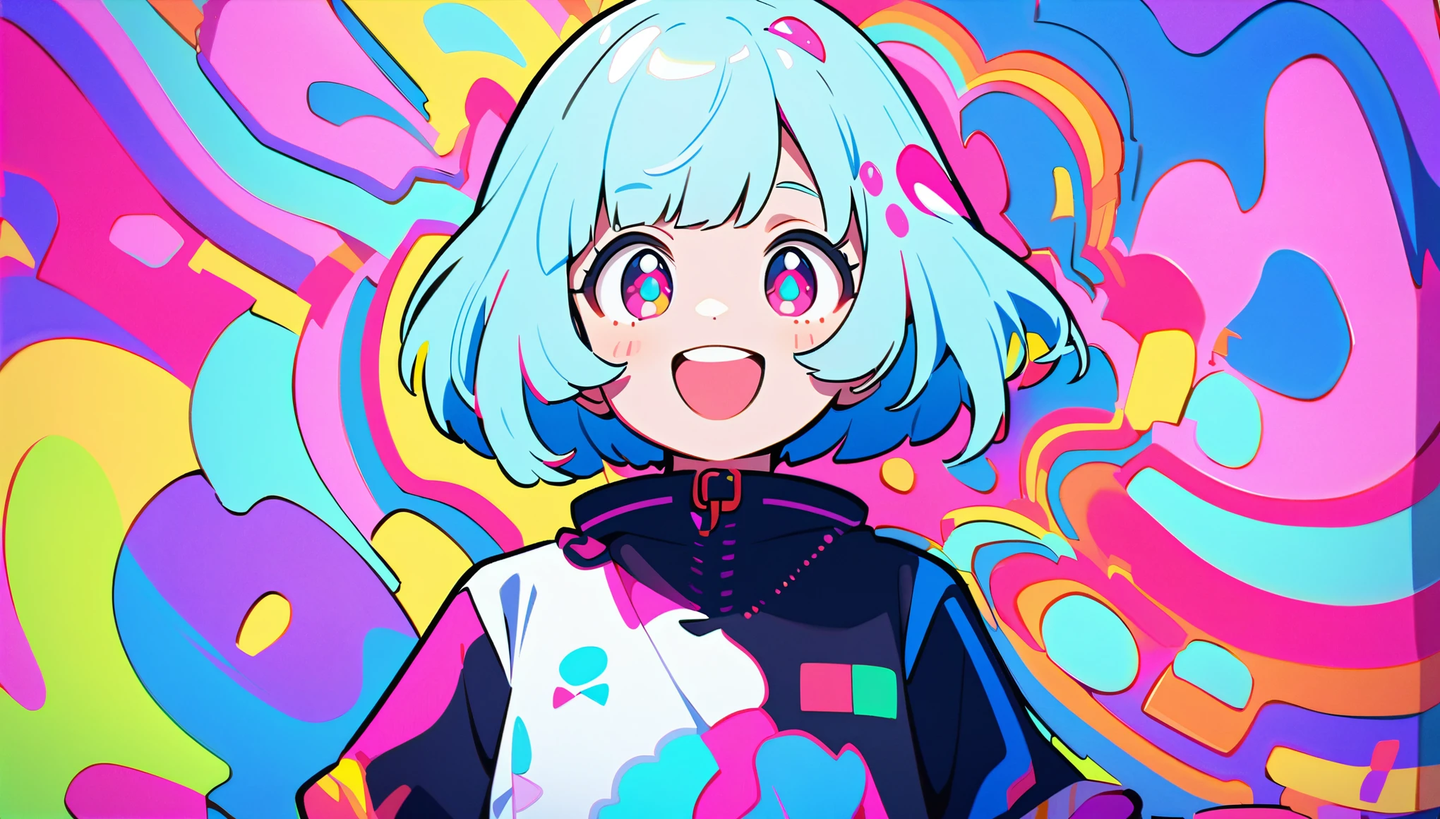 Vibrant art,pop、bright、colorful, 1 female, Light blue hair, short hair、Happy,cute, animation style, kawaii, clearly, colorful cyberpunk, bubblegum pop, cute、Pink and light blue as main colors、I'm cheering loudly、 Headphonesをしている、Headphoneusic、