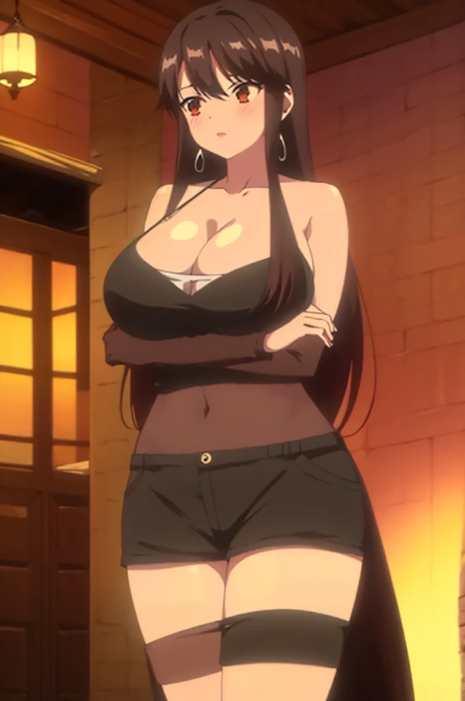 ((masterpiece)),(Highest quality),Official Art,Very detailedなCG,unity 8k wallpaper,Very detailed,Lighthouse on top of a cliff by the sea,One Girl,alone,Up to the knees,(Portraiture:1.2),Cleavage,Long Hair,leather shorts,Brown Hair,jewelry,Bare shoulders,Hoop Earrings,Lace Top Stockings,Crossing your legs,Sexy pose,belly button,Red eyes,Brown eyes,Black Midriff,Large Breasts,Black Hair,Knee-high boots