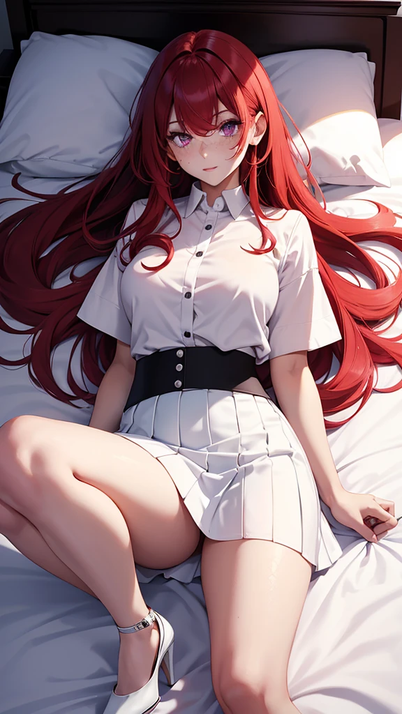 Beautiful woman, full body, red hair, long hair, purple eyes, freckles on face, white shirt, black edges shirt, blue mini skirt, white edges mini skirt, high heels, two color edge mini skirt, lying on the bed, embarrassed