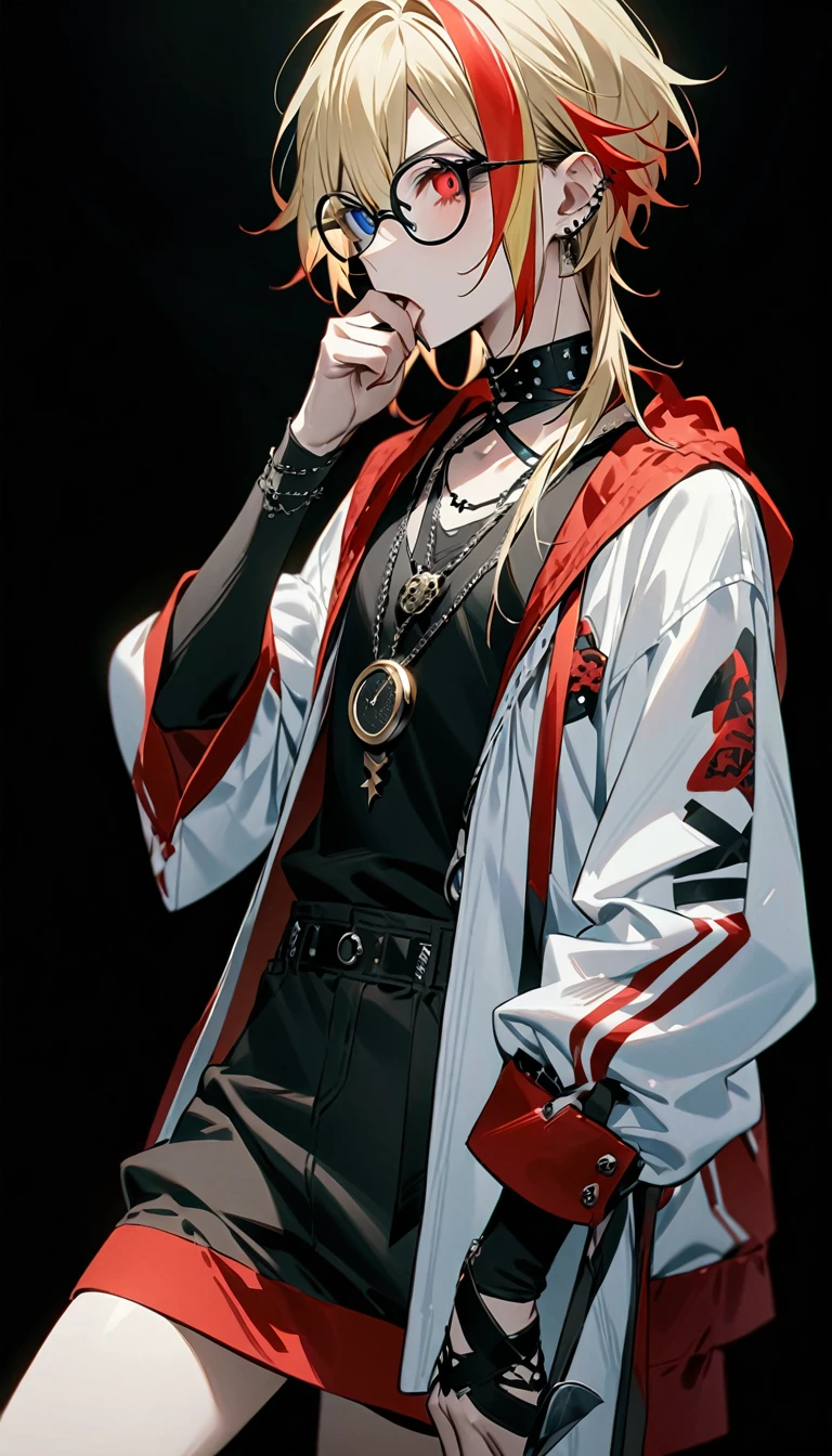 (((masterpiece,Highest quality))),(((スチームパンク風でVisual Keiの黒を基調とした衣装の短い髪のアニメの中性的な男性))),((Androgynous but male)),(((Visual Kei))),(((red and blonde streaked hair))),highlights hair,((Wears stylish, thick-framed glasses)),((Blue and red heterochromia)),((Clock and gear motif necklace,A brooch with a clock and gear motif)),((Holding a knife in his hand and holding it up to his mouth)),Cruel Laughter,(((Black Background))),Focus on the whole body,(high quality),アニメ