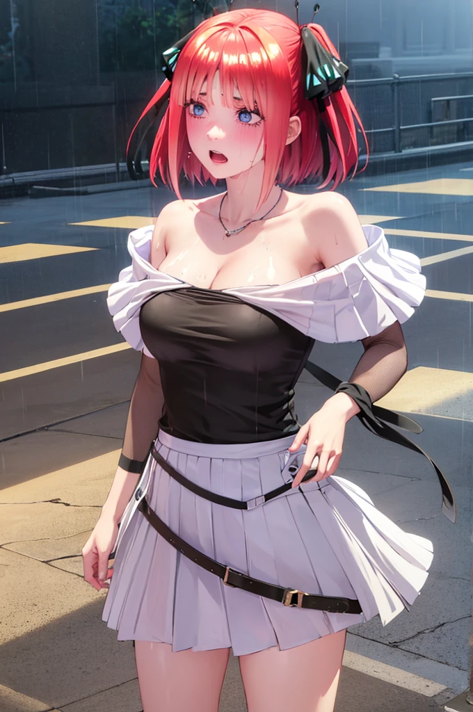 masterpiece, Highest quality,High resolution,Dorothy, Redhead,Red eyes, Have,dress,Braiding, black dress, View your viewers,Torn clothes、 exposed、Nipples、blush、Ruined City
