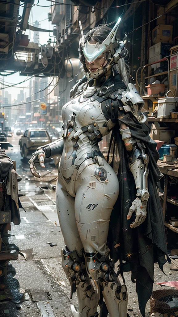 ((best quality)), ((masterpiece)), ((realistic)), (detailed), (photorealistic:1.5), a futuristic girl, (thick body), (white bodysuit), lights on armor, cybernetic headwear, looking at viewer, dynamic pose, post apocalyptic, destroyed city background, buildings on fire, science fiction, hdr, ray tracing, nvidia rtx, super-resolution, unreal 5, subsurface scattering, pbr texturing, post-processing, anisotropic filtering, depth of field, maximum clarity and sharpness, rule of thirds, 8k raw, (luminescent particles:1.4), (extremely detailed cg, unity 8k wallpaper, 3d, cinematic lighting, lens flare), reflections, sharp focus, cyberpunk art, cyberpunk architecture,