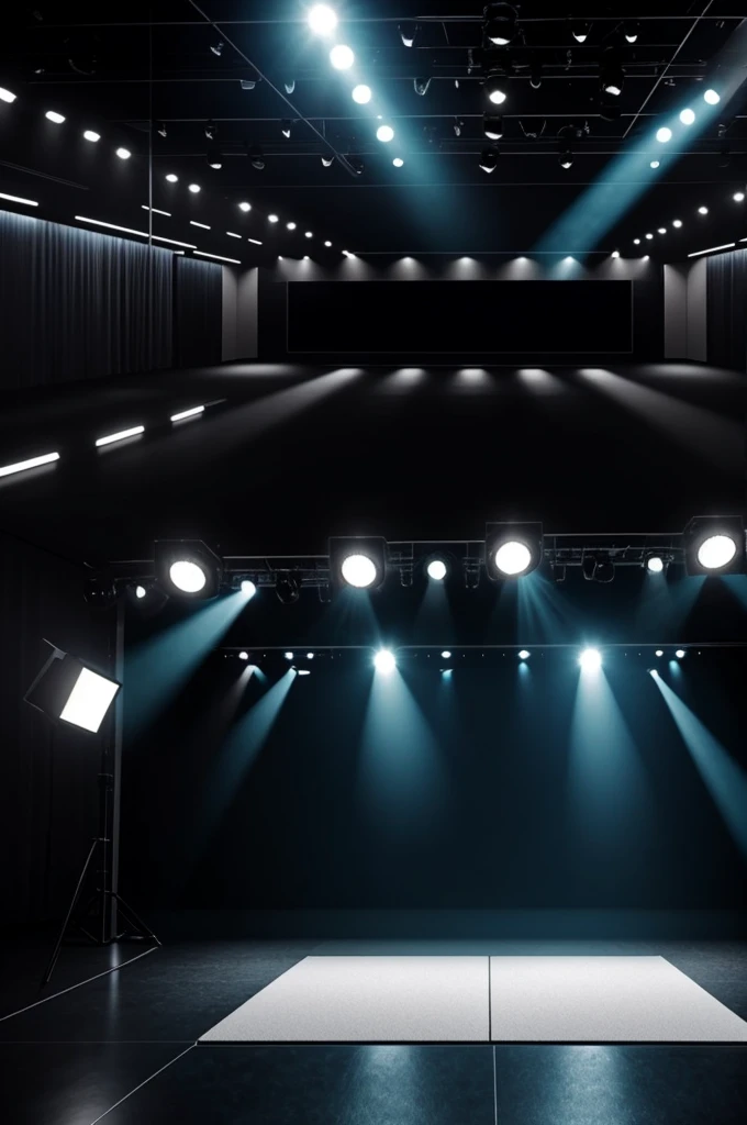 Modern minimalist news stage background with recording set lights on the ceiling
