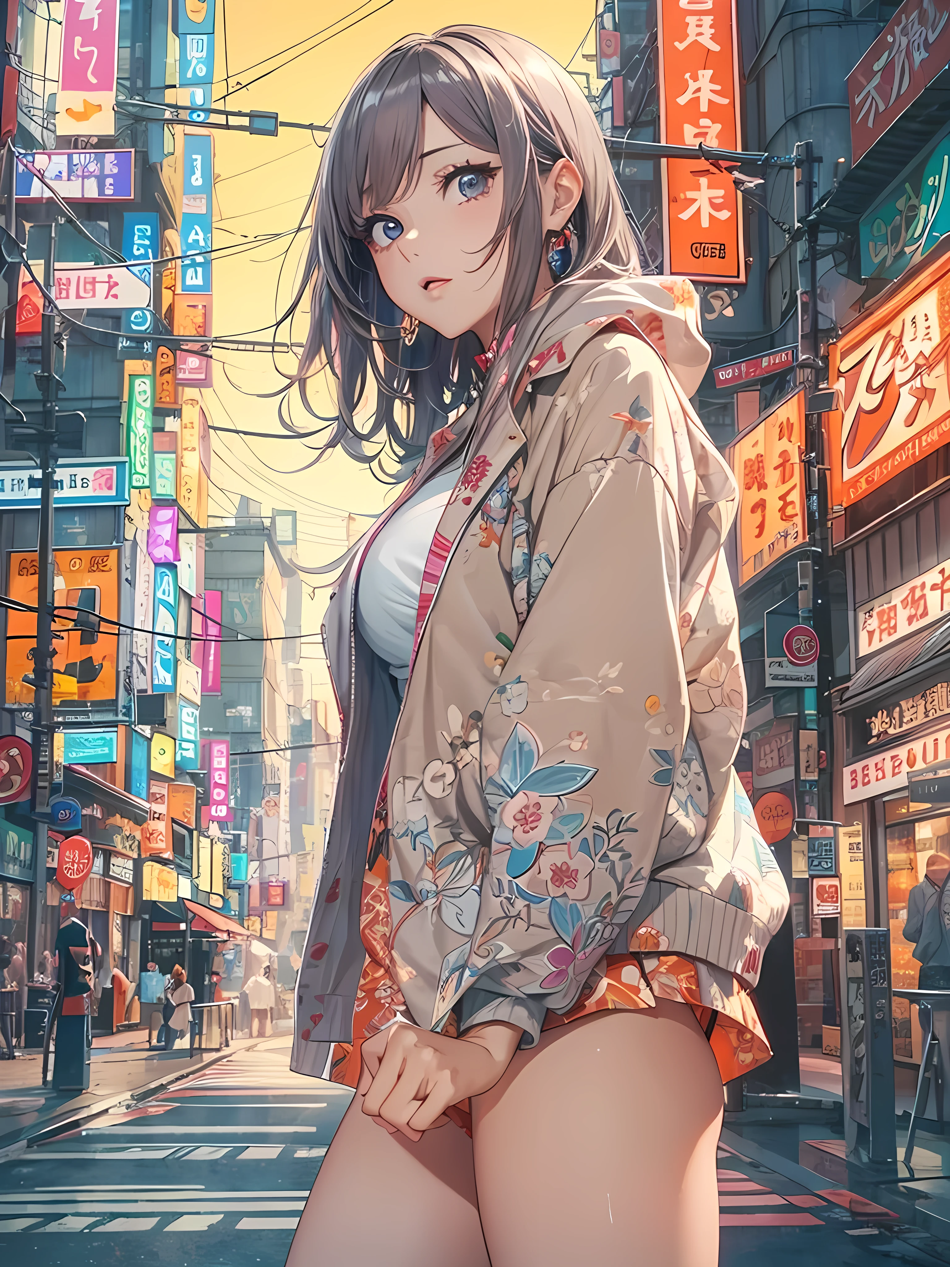 beautiful girl, Anime Style, Detailed face, wearing a tendency and stylish modern outfit, Standing against a realistic city background, Vivid and attractive lighting, Dynamic pose, Japanese Anime Style, high quality, Very detailed, 8K resolution, Cinema Lighting, 最high quality, Vibrant colors, Instagrammable, beautiful, tendency, Hair colors and styles are vibrant and unique、Half naked、sexy