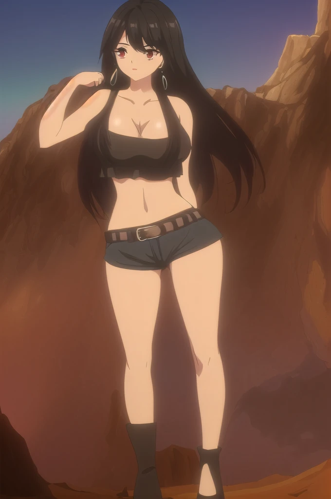 ((masterpiece)),(Highest quality),Official Art,Very detailedなCG,unity 8k wallpaper,Very detailed,Lighthouse on top of a cliff by the sea,One Girl,alone,Up to the knees,(Portraiture:1.2),Cleavage,Long Hair,leather shorts,Brown Hair,jewelry,Bare shoulders,Hoop Earrings,Lace Top Stockings,Crossing your legs,Sexy pose,belly button,Red eyes,Brown eyes,Black Midriff,Large Breasts,Black Hair,Knee-high boots