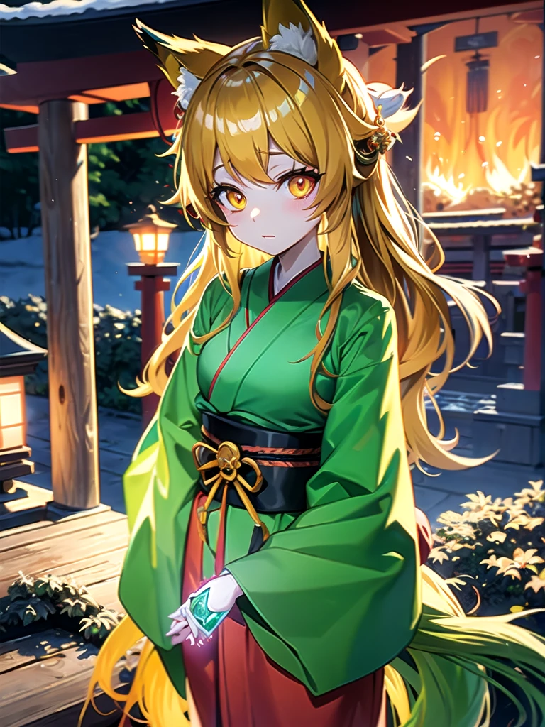 Anime girl with green long hair kitsune Mimi wear kimono yukata hakama, matcha green long hair, kitsune mimi, kemono mimi, kemo mimi, detail eyes (red brown yellow orange fox eye), shining eye, glowing Cristal eye, piercing glowing eye, beautiful eye.japan shrine,red Shrine, shinto shrine. Lake background, Snowy mountain. 4k resolution, masterpiece art, detail hair, detail fingers, 4 fingers, high resolution,