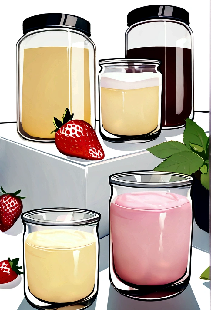 (tabletop: 1.2), (best qualityer: 1.2), Sealed glass bottle, Strawberries,, obscene juice, Pudding, Cover full cream in a jar, magical potions, colorfully,, White background,, tabletop, super detaill, (best qualityer, high resolution), ultra HD, 32k, CG pop station, tabletop, best qualityer