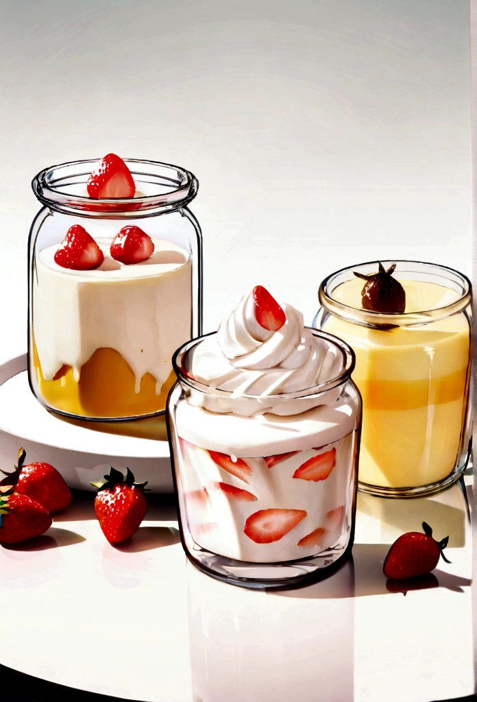 (tabletop: 1.2), (best qualityer: 1.2), Sealed glass bottle, Strawberries,, obscene juice, Pudding, Cover full cream in a jar, magical potions, colorfully,, White background,, tabletop, super detaill, (best qualityer, high resolution), ultra HD, 32k, CG pop station, tabletop, best qualityer