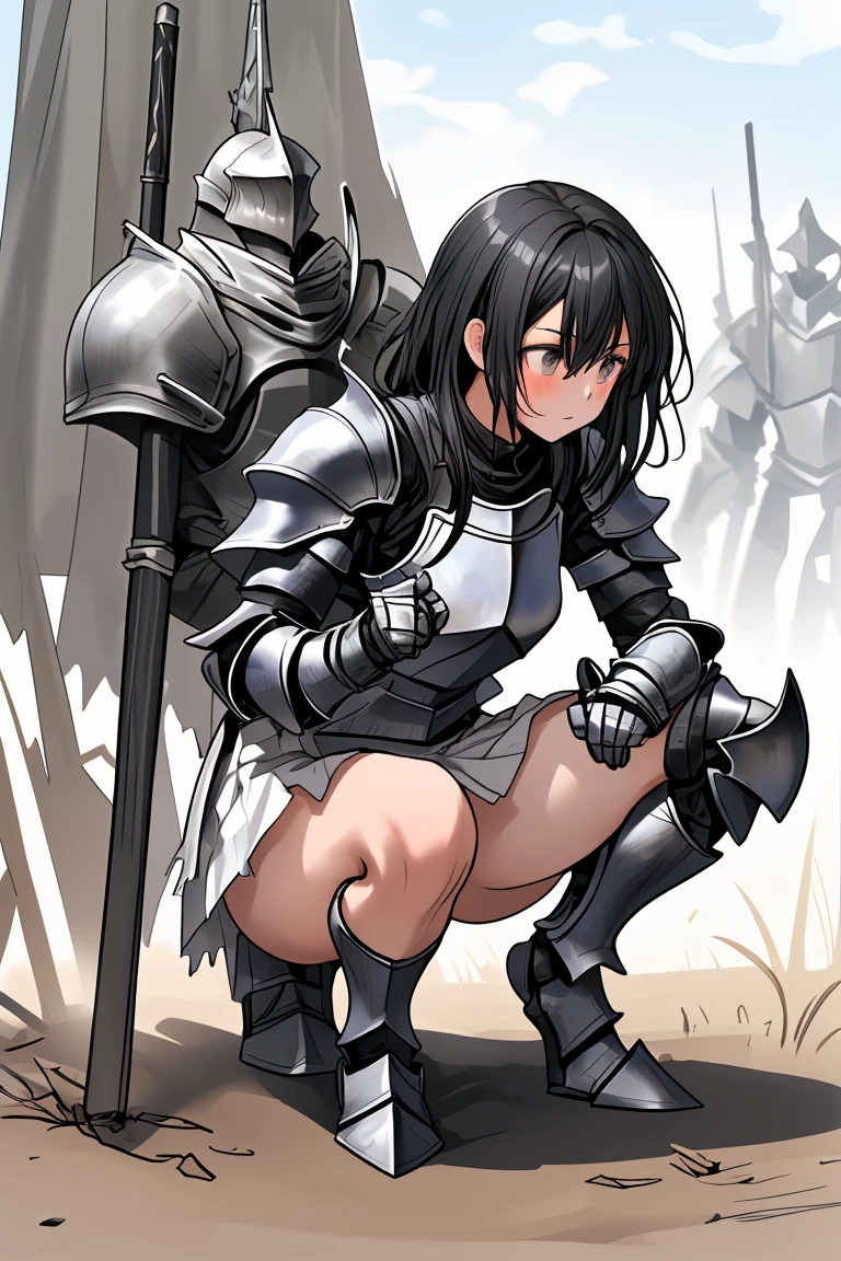 female knight　Black Hair　armor　Torn white skirt　No underwear　battlefield　squat